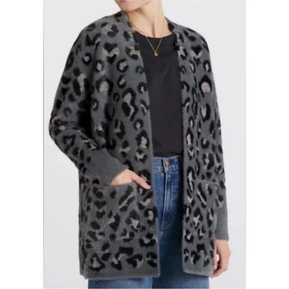 Evolution By Cyrus Open Cardigan Sweater L Fuzzy Leopard Slate Cheetah NWT B35 - Picture 1 of 6